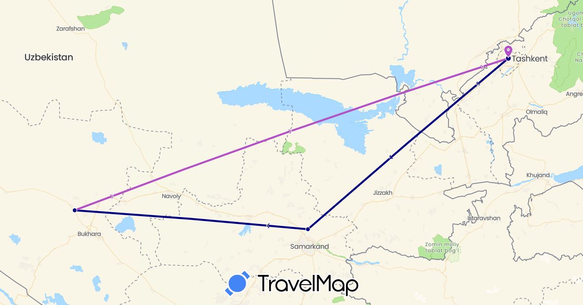 TravelMap itinerary: driving, train in Uzbekistan (Asia)